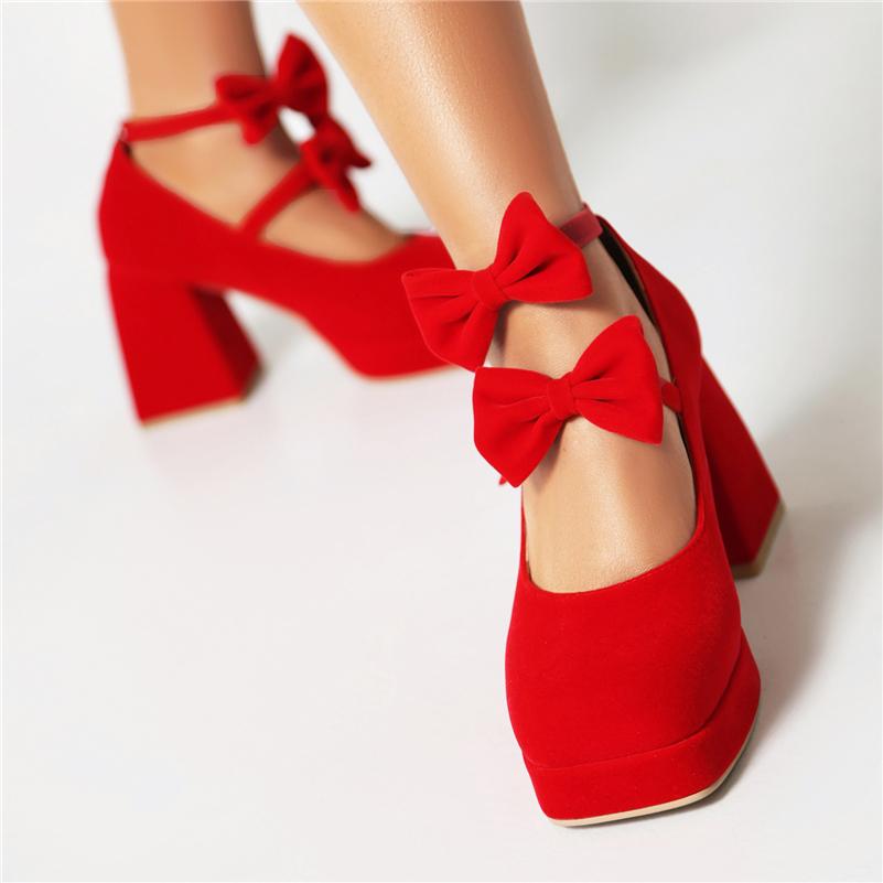 Women Mary Janes Pumps Square Toe Thick High Heels Platform Buckle Bow Glove Shoes Ladies Fashion Shoes Spring Autumn 46