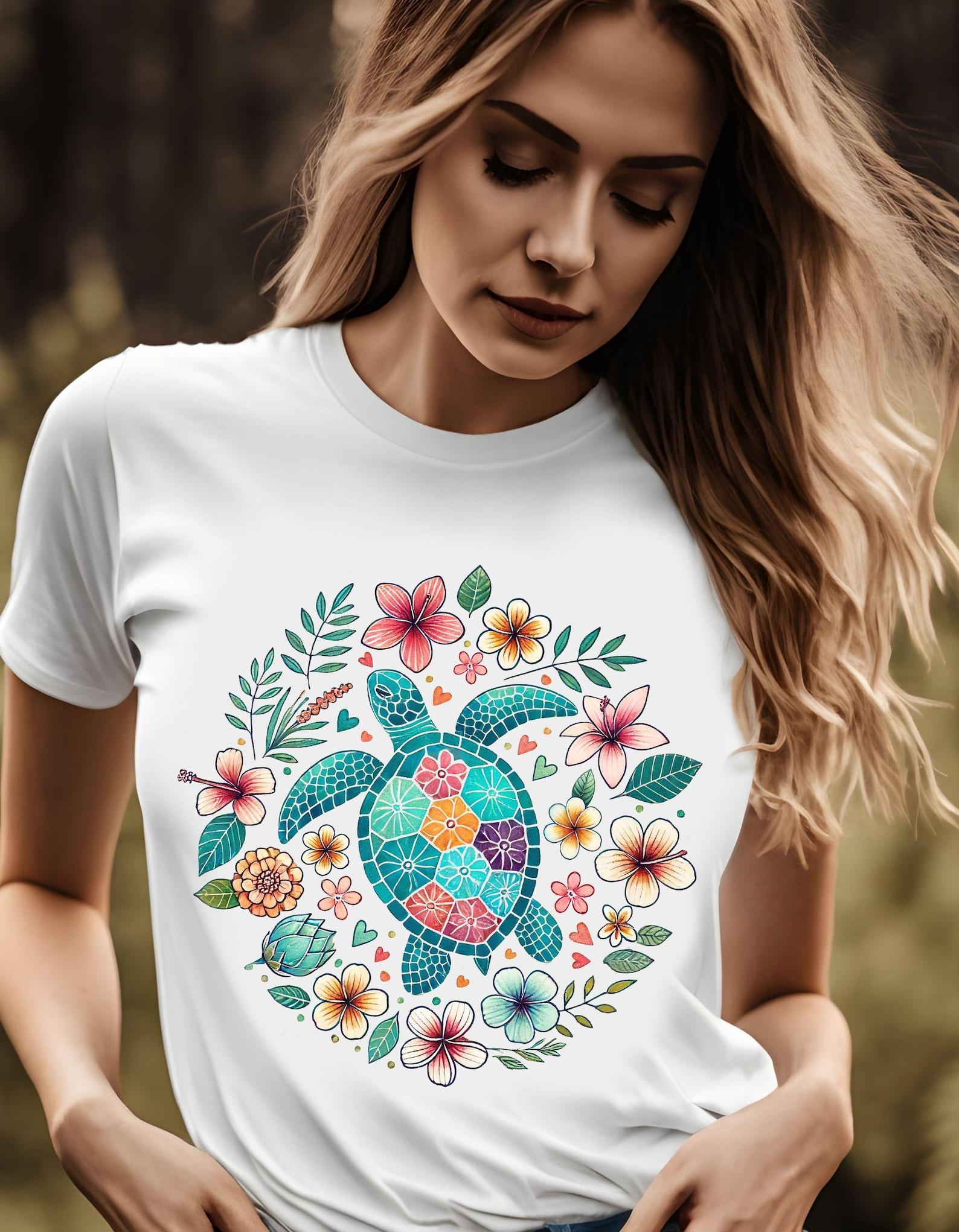Floral Sea Turtle T-Shirt, Nature Lovers, Summer Outfit, Casual Wear, Beachwear, Animal Lovers, Unisex Tee, 8 colors 2XL