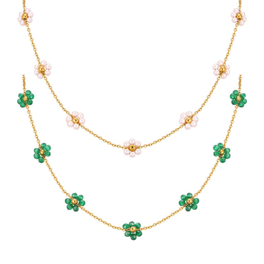 Jewelry Stainless Steel Green Beads Flower Imitation Pearl Bracelet Necklace Gold Ladies