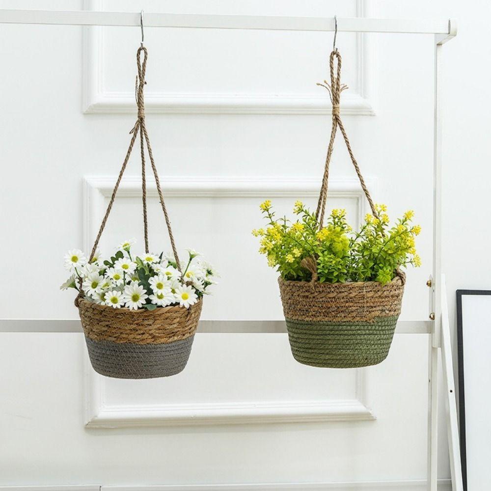 Durable Handwoven Straw Hanging Basket Decorative Waterproof Woven Flower Basket Handmade Plant Storage Basket Garden
