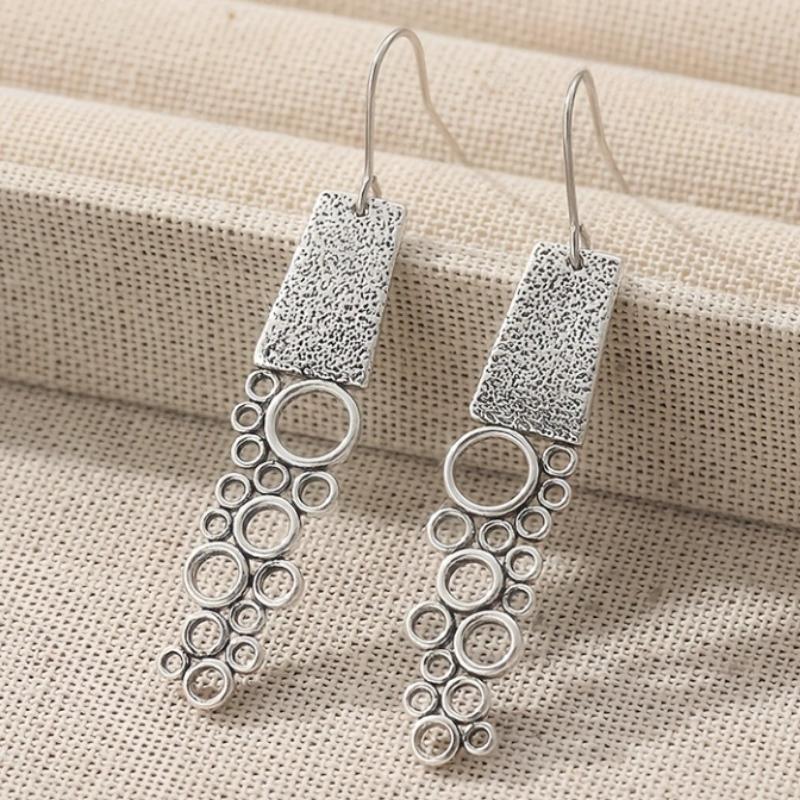 Vintage Silver Color Geometric Hollow Circle Pendant Earrings, Women's Personalized and Creative Holiday Accessory Gifts
