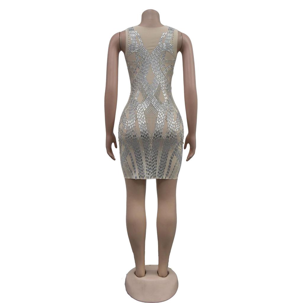 Damen Mode Netz-Kurzkleid in Unifarbe mit Heißbohrung