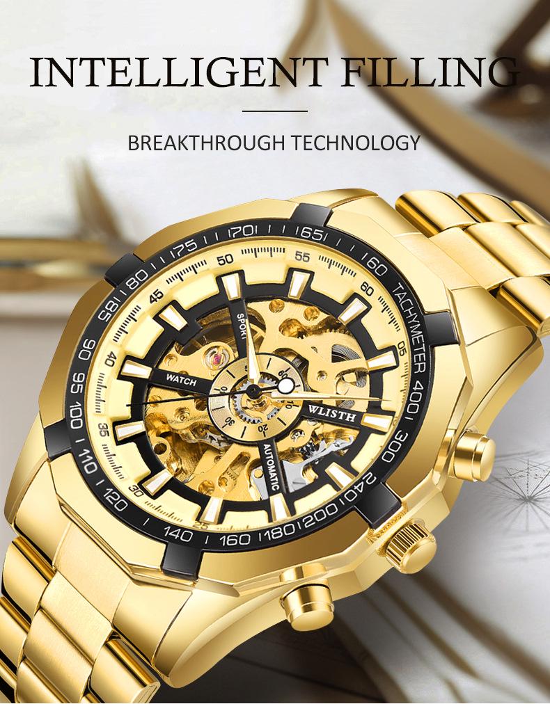 Wolis Men's Gold Waterproof Mechanical Watch - Creative Hollow Design