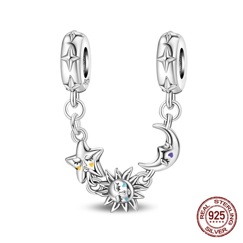 Original 100% 925 Silver Star Moon Safety Chain Fit 925 Original Bracelet & 3mm Bracelet DIY Jewelry Making Women Gift