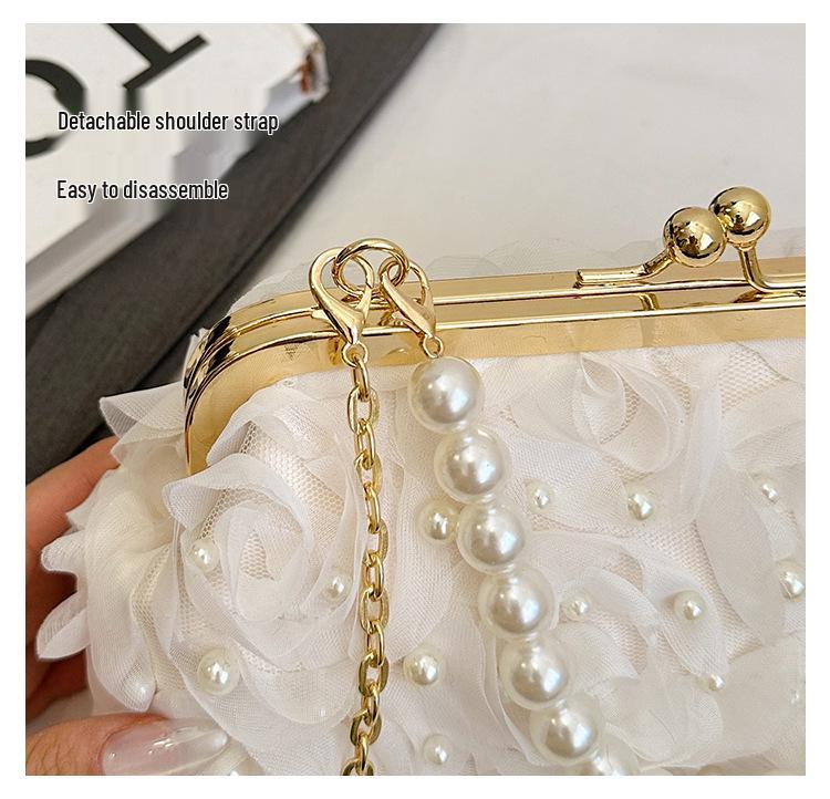 Women's Spring 2025 Pearl Evening Bag with Floral Design and Chain Strap