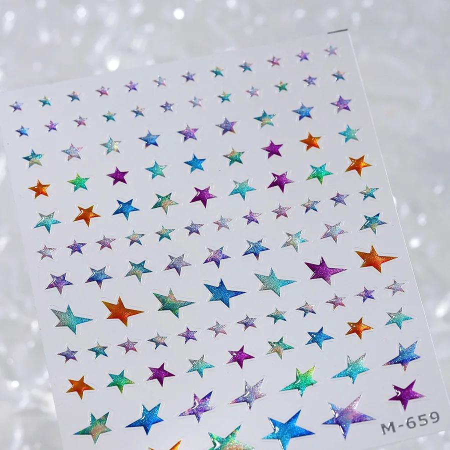 Colorful Five-pointed Star Gird Polka Dot Line Bowknot Cherry 5D Shiny Nail Art Stickers Self Adhesive Decoration Manicure Decal