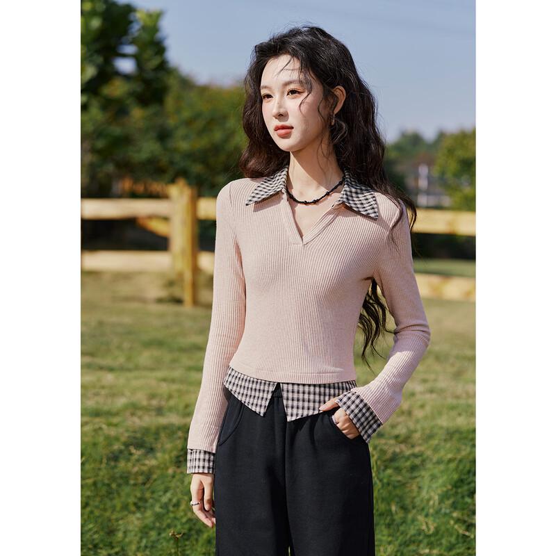 MiXiu Women's Plaid Stitching Fake Two-Piece Top