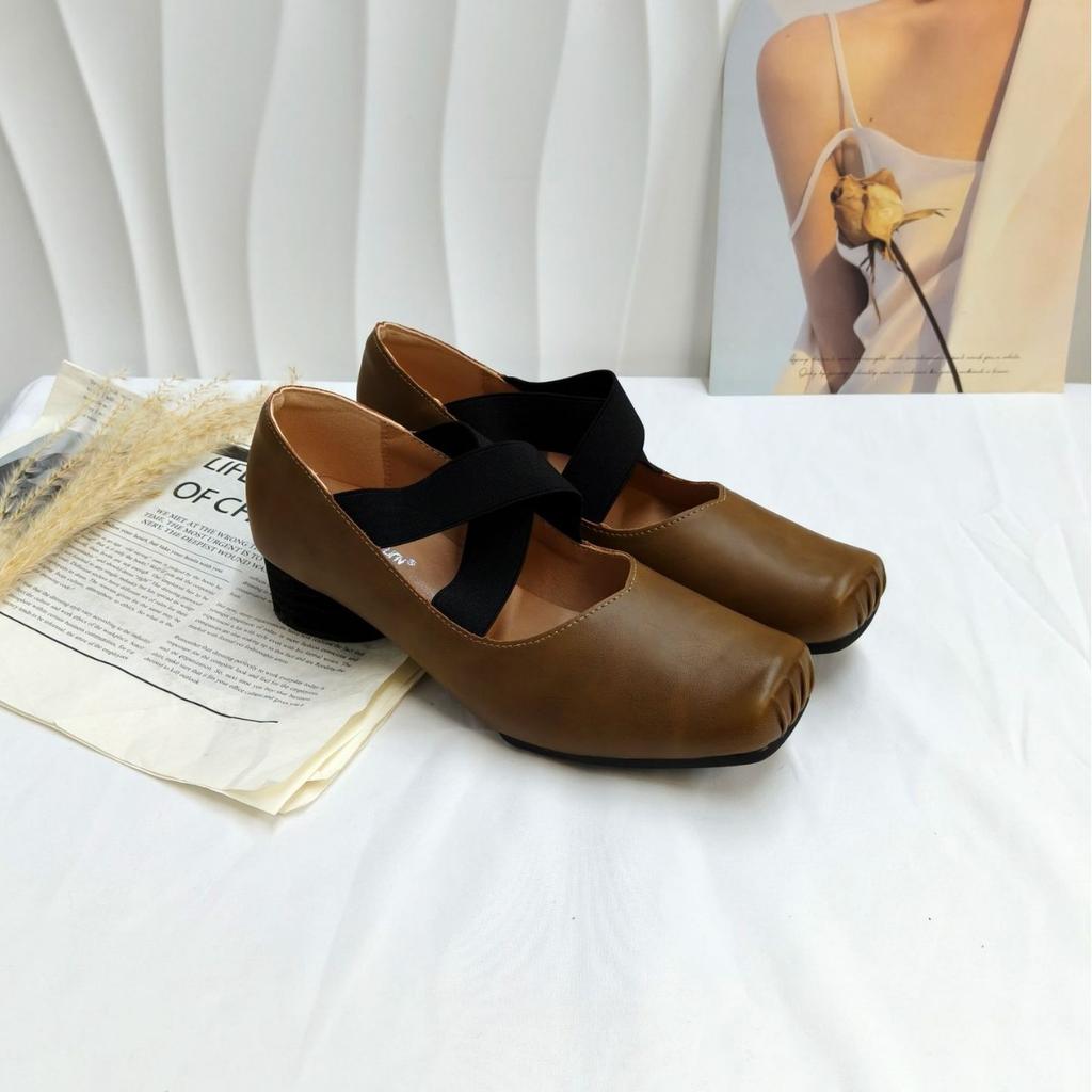 Spot Second Hair! Fashion Versatile New Pig Nose Horse Leather Cross Strap Thick Heel Mary Jane Ballet Shoes Women's Single Shoes