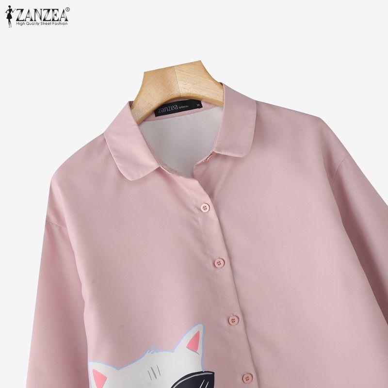 ZANZEA Women Casual Turn Down Collar Long Sleeve Print Blouse