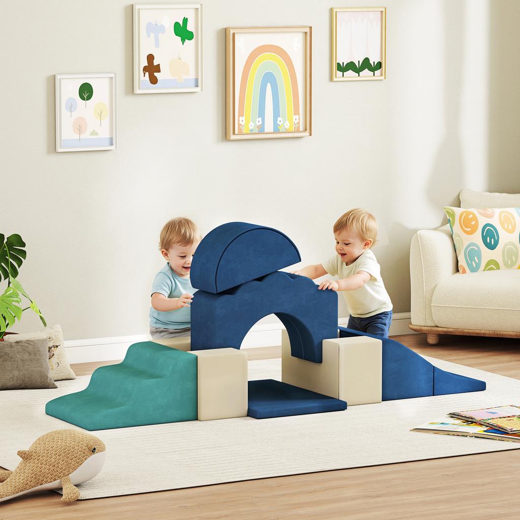 7-teiliges weiches Spielset für Kinder mit abnehmbarem Bezug, Baby Indoor Kletter- und Krabbel-Schaumstoffspielzeug für Kleinkinder, Dunkelblau