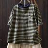 Women Vintage T-Shirts Striped Summer Chinese Style O-Neck Short Sleeve Loose Female Casual T-Shirts