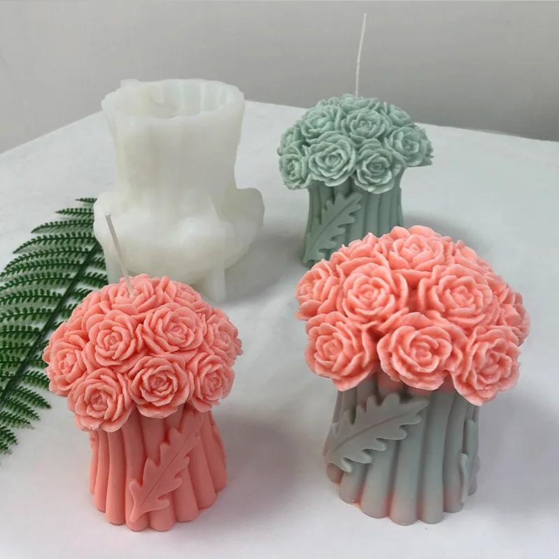 DIY Aromatherapy Plaster Resin Soap Silicone Mold for Candles Bouquet of Roses Handmade 3D Crafts Home Candle Making Supply
