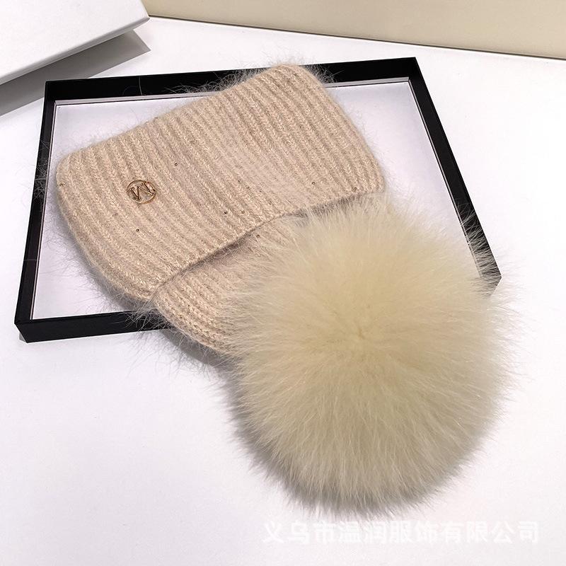 Bestseller M Logo Beanie Hat Women Winter Warm Faux Fox Fur Pom Knit Wooly Cap Slouchy Pull-On