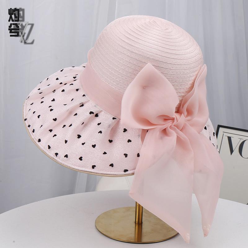 Spring and summer new mesh hat women's temperament elegant travel sun protection sun hat polka dot bow bucket hat