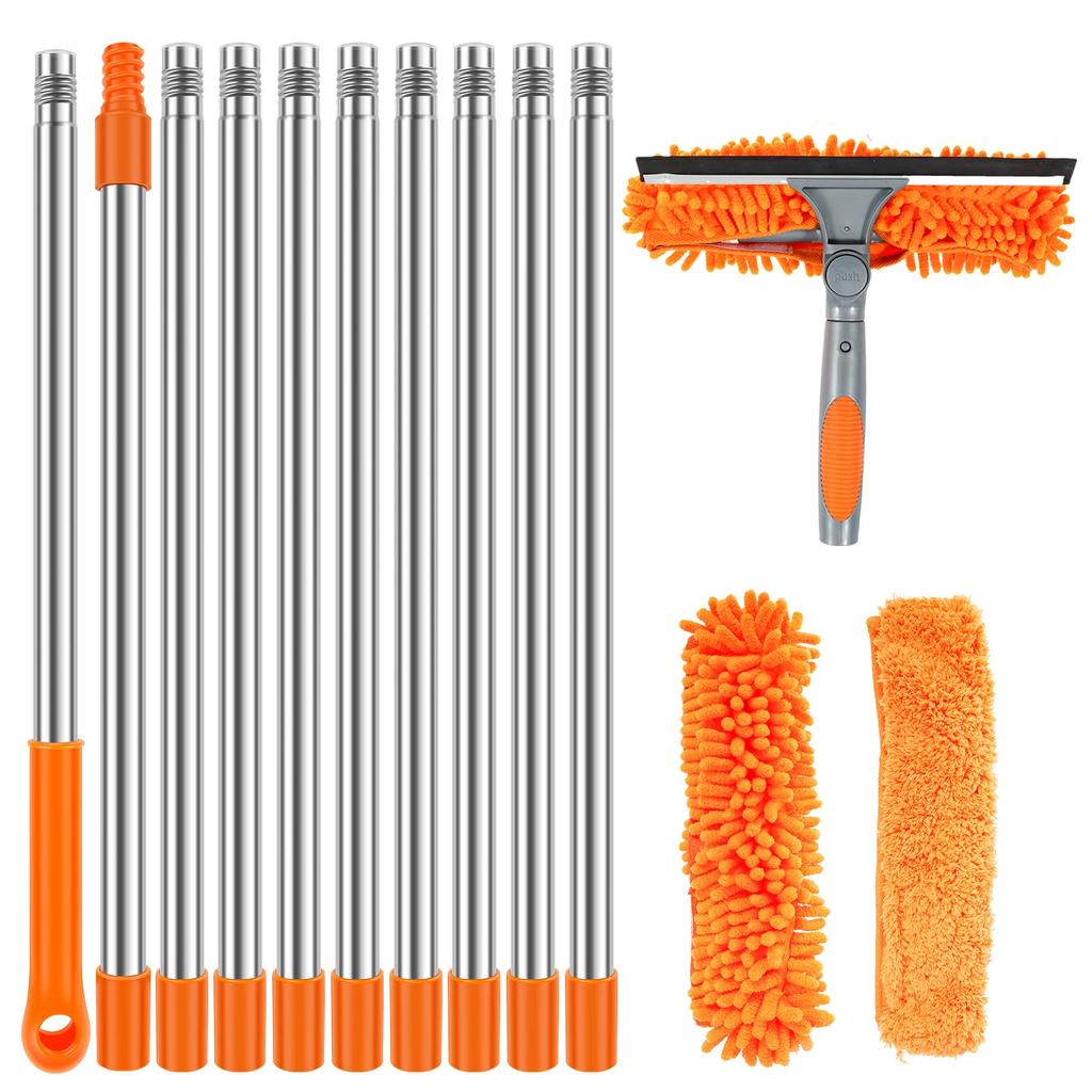 Kit Estensibile per Pulizia Finestre 100-420CM 2 in 1 Tergivetro Bipolare Pulitore Spolverino Mocio Strumenti per Pulizia Finestre Girevoli a 180°