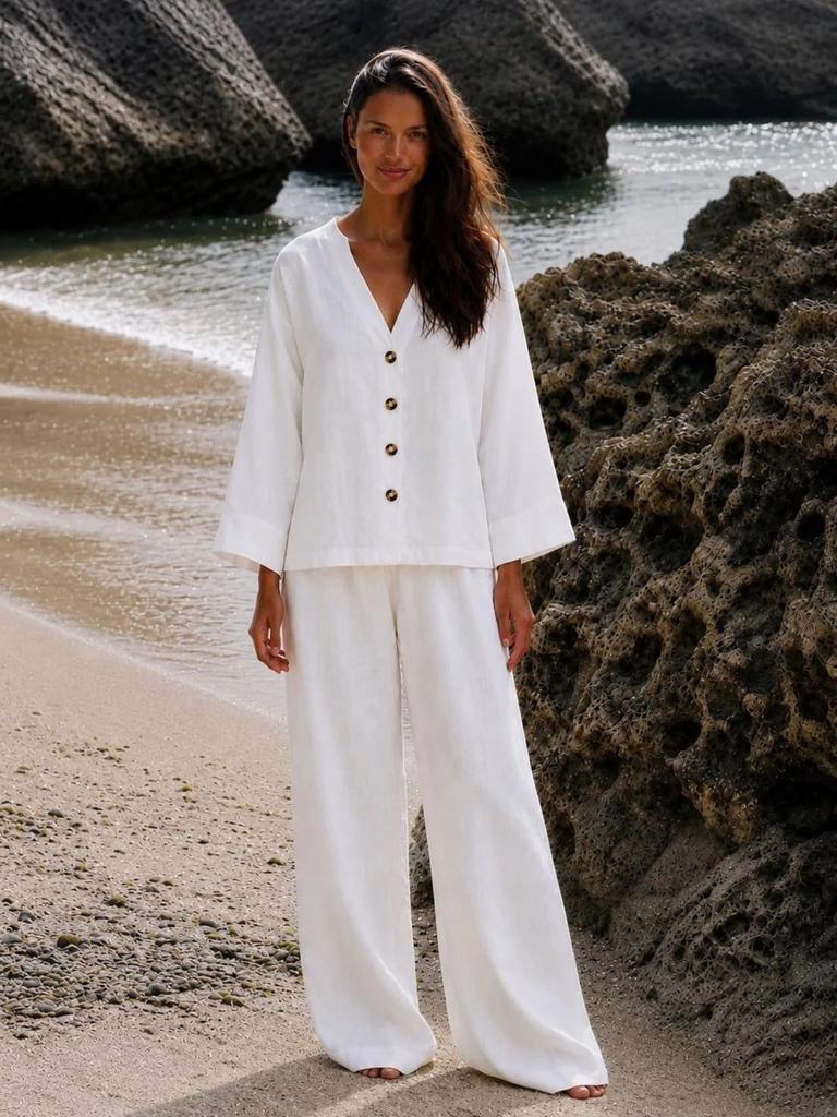 Women's Summer New European and American V-neck Wooden Button Loose Long-sleeve Top, Elastic Waist Wide-leg Pants Two-piece Set