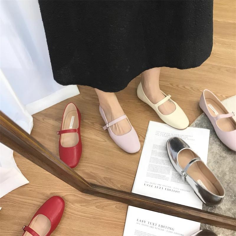 Fashion Flat Shoes Women's 2025 Spring New Red Round Toe Mary Jane Shoes Silver Working Outdoor Plus Size 42 43 44 Women's Shoes