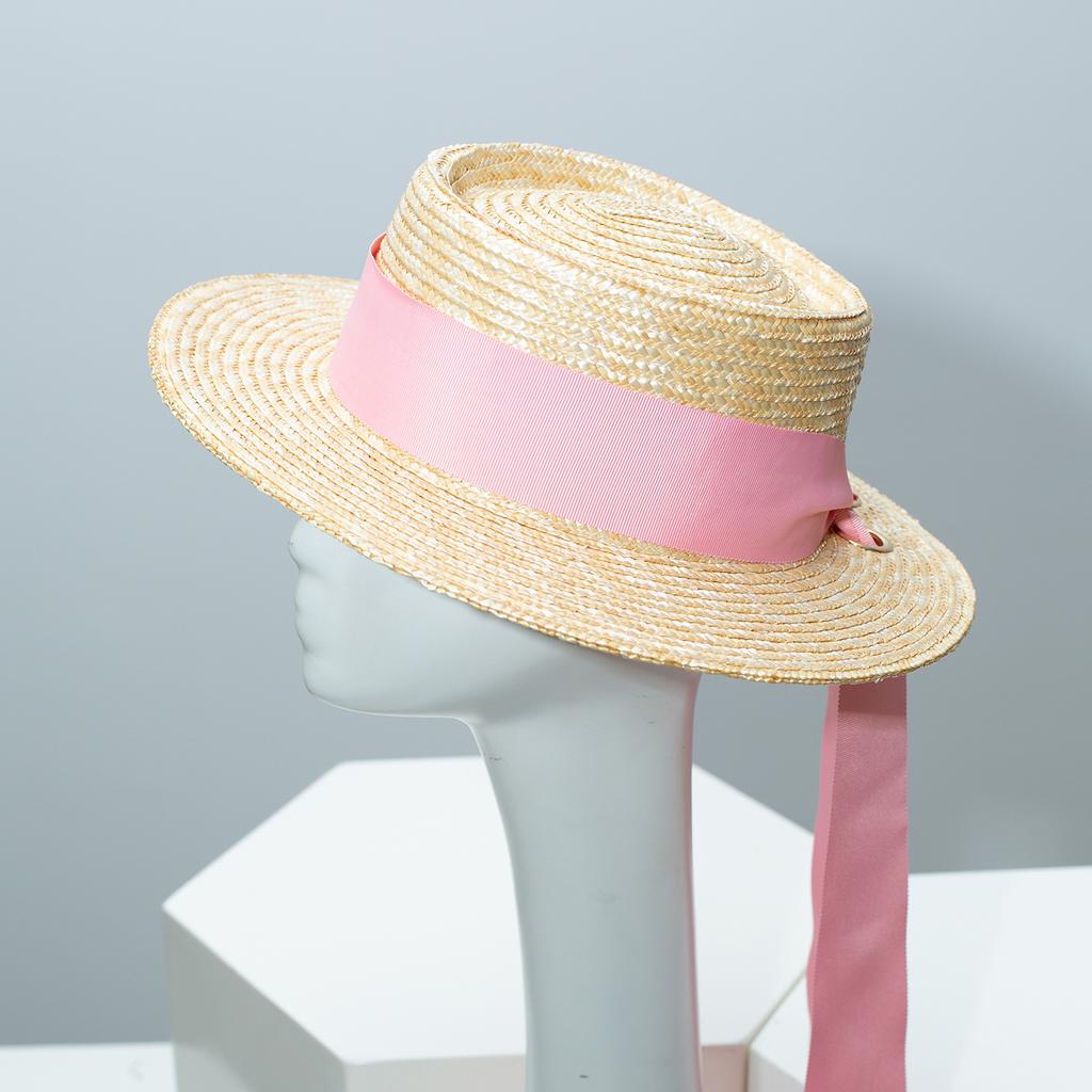 French Lace Ribbon Wheat Straw Hat Women summer Boater Beach Sun Cap Elegant Flat-Top Design with Wide Ribbon Bow Holiday Sunhat