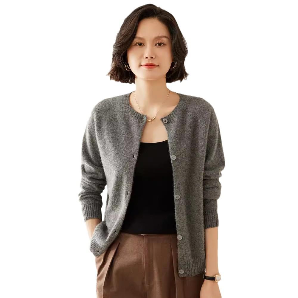 Women's Cashmere Round Neck Cardigan - Autumn/Winter Slim Fit Knitted Sweater, Solid Color, Versatile Outerwear