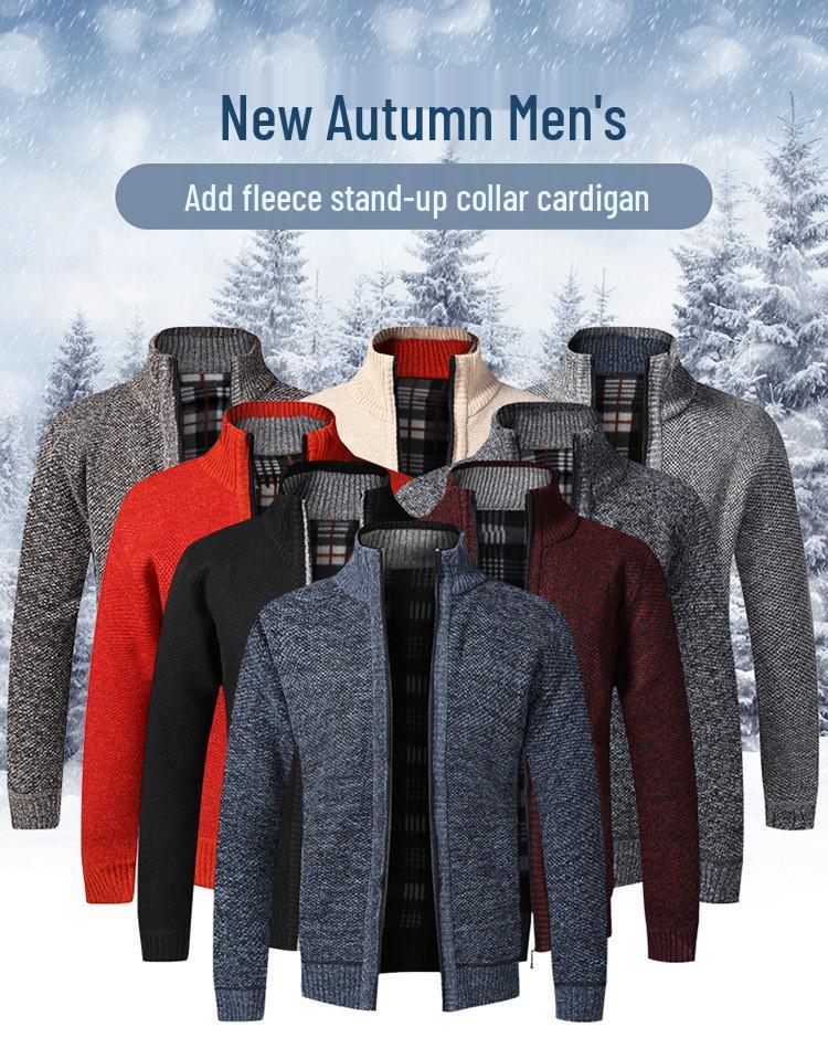 Cardigan de toamnă/iarnă pentru bărbați mărime plus, din catifea îngroșată, cu guler înalt - Palton cu croială slim.