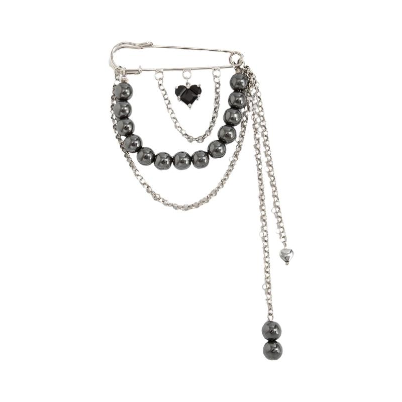 Stylish Alloy Love Pin With Black Black Beads And Acrylic Rhinestones Delicate Beaded Chain Fringe Pin Adornment 1
