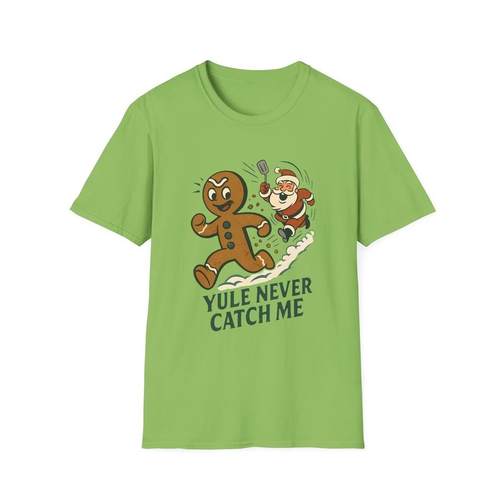 

Unisex Softstyle T-Shirt Gingerbread Man Running Santa Chase Snow Funny Holiday S