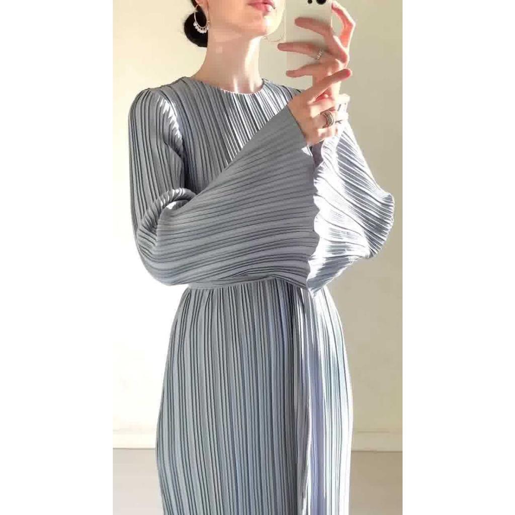 Spring Fall Women's Long Dress, Elegant Pleated Flare Sleeve Midi Dress, Women's Fashion Dresses Crossborder
