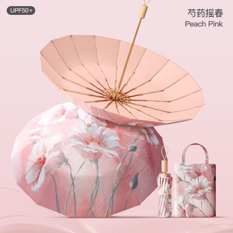 Spot three-fold retro color glue printed 16-bone parasol female weather and rain dual-purpose anti-ultraviolet folding sun umbrella