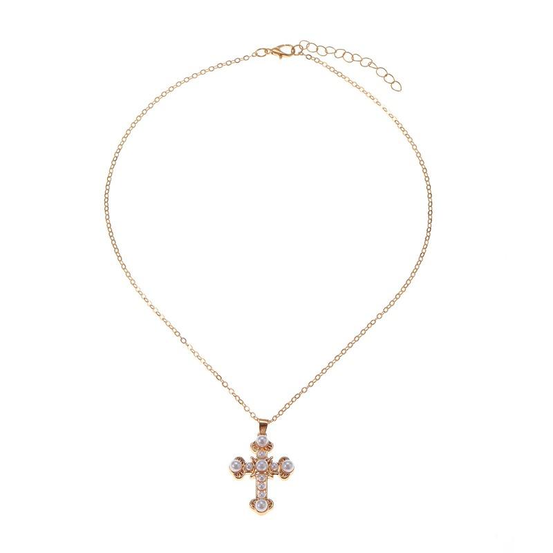 Pearl cross pendant, retro necklace, women's light luxury niche sweater chain necklace