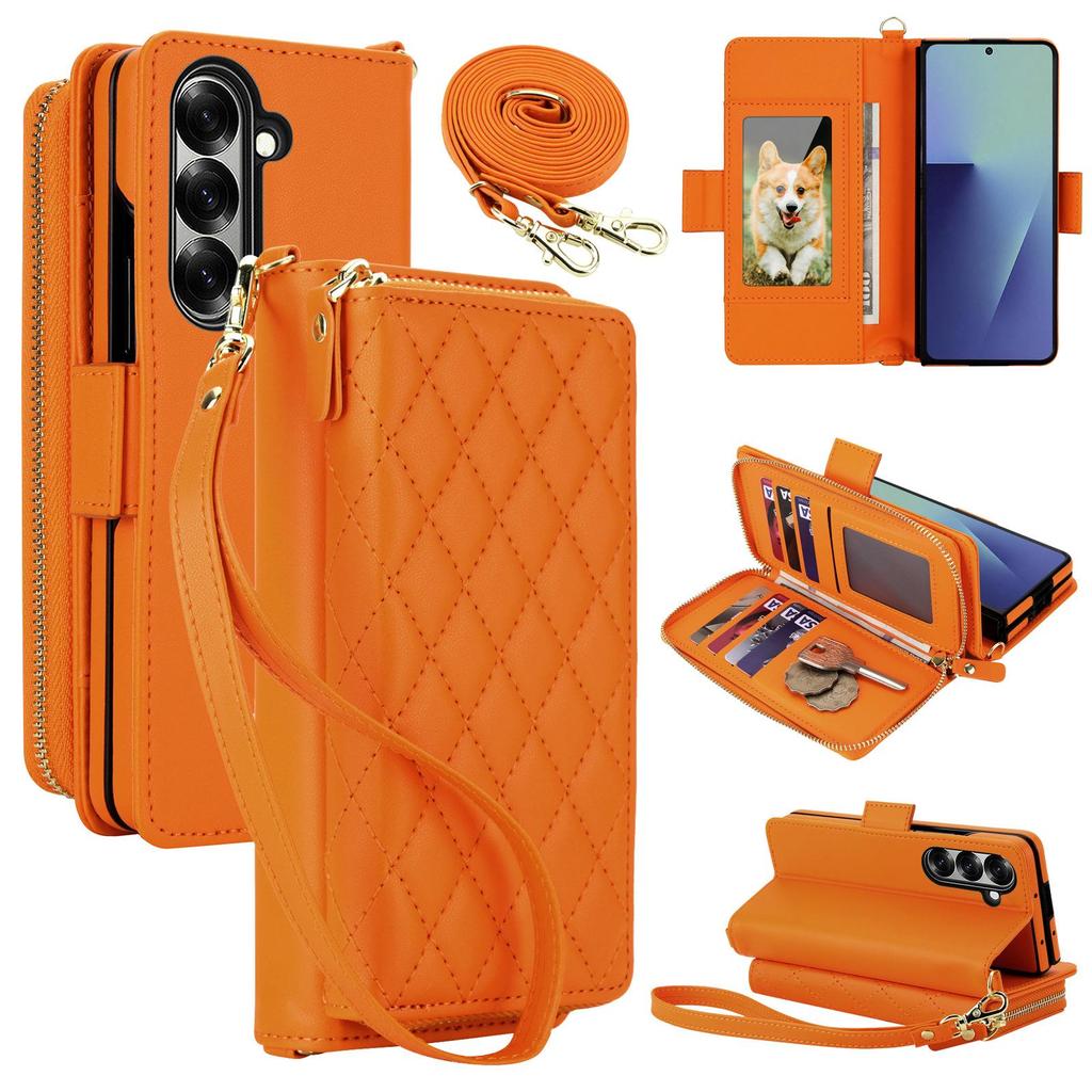 Kompatible gesteppte Reißverschluss-Crossbody-Geldbörsenhülle für Samsung Z Fold 7, 6, 5, 4 mit Kartenfächern.