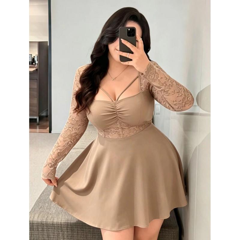 Plus Size Womens Lace Splice A-Line Long Sleeve Dress Vacation