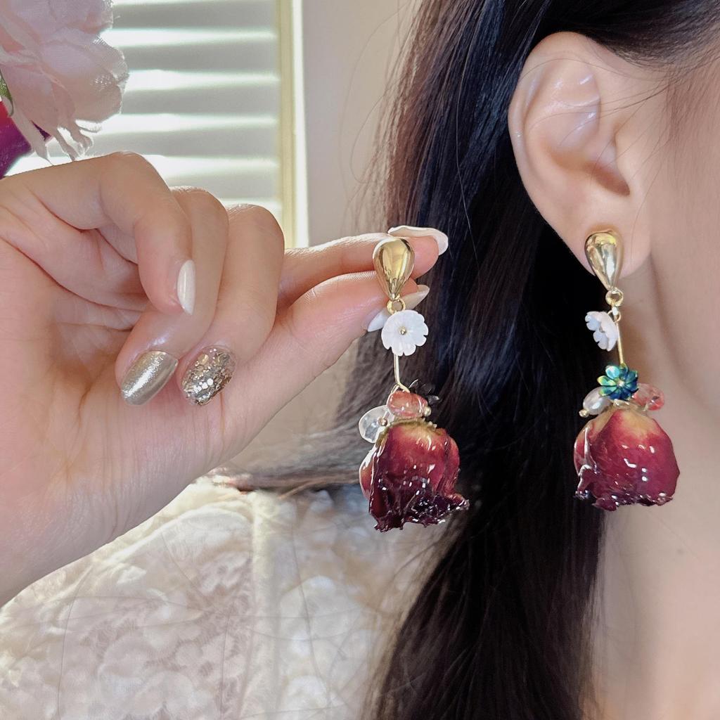 Elegant Wine Red Rose Seashell Earrings
