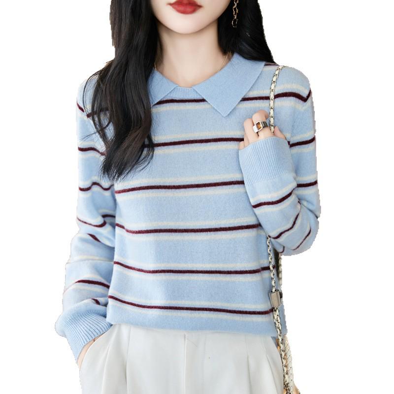 Small Lapel Color Block Stripe Wool Sweater - Autumn/Winter Long Sleeve Slim Fit Pullover for Women