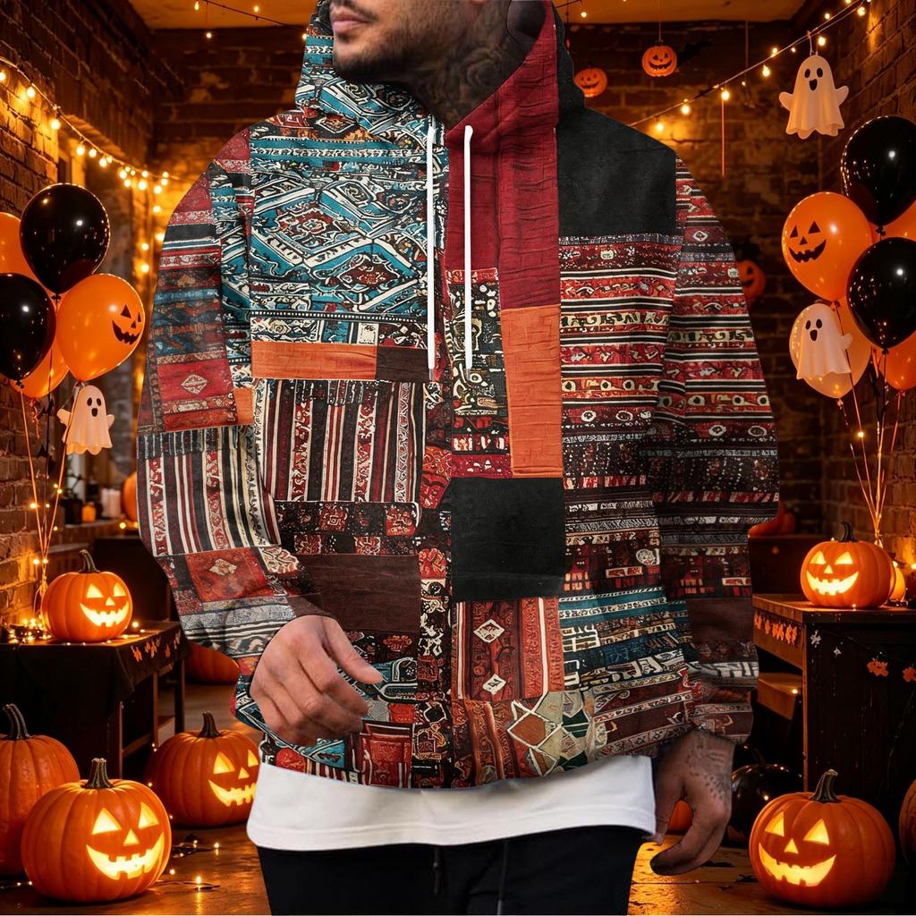 Férfi Vintage Pulóver Nyomással és Patchwork Mintával, Egyszínű Zsebes Alkalmi Felső