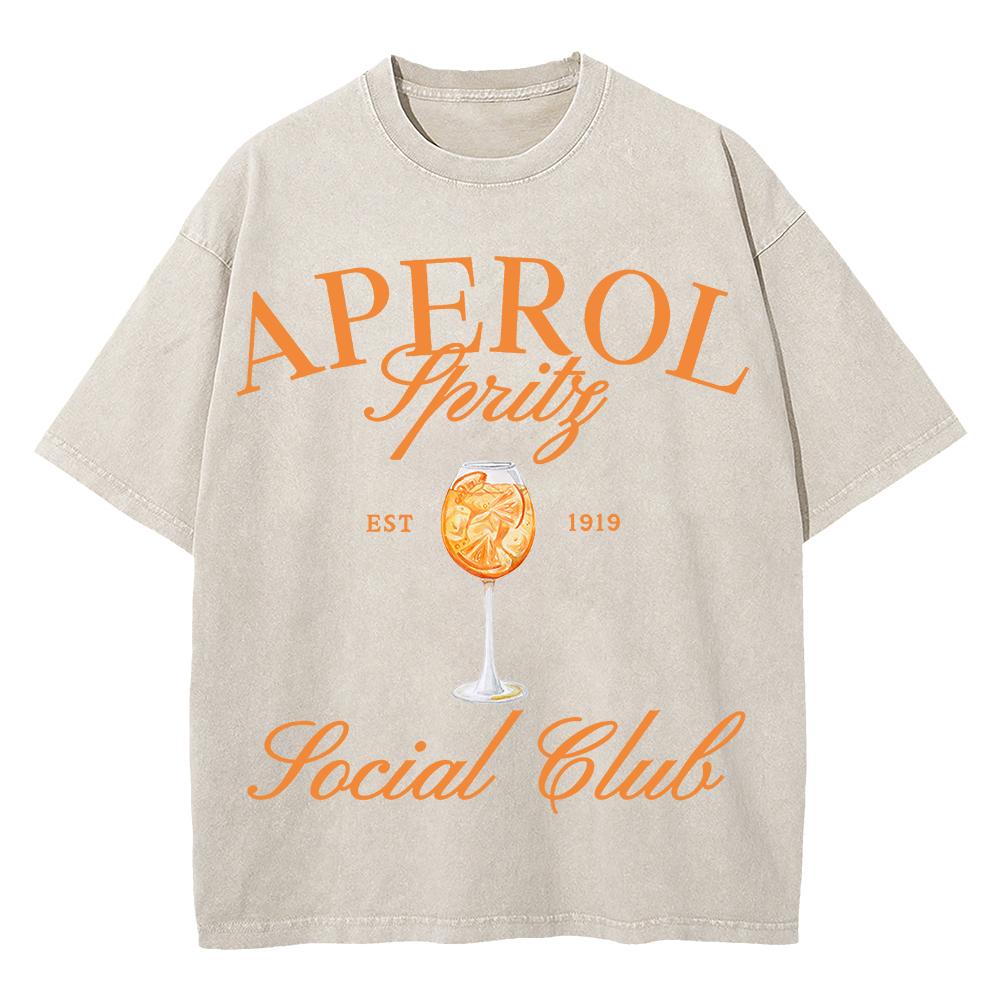 Cotton Vintage Washed Aperol Spritz Club Tshirt New Fashion Men Casual Retro Lemon Cool Oversize Loose Acid Wash Tee Shirt