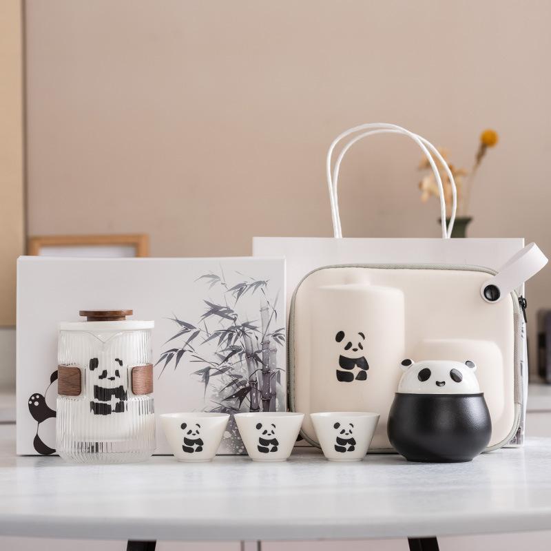 Panda Merchandise Travel Tea Set a Pot of Three Four Six Cups Suet Jade Porcelain High-end Corporate Business Gift Set