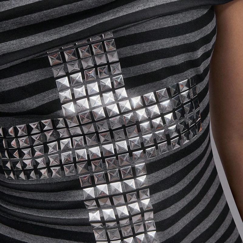 Summer punk retro street cross hot diamond one shoulder striped slim fit top