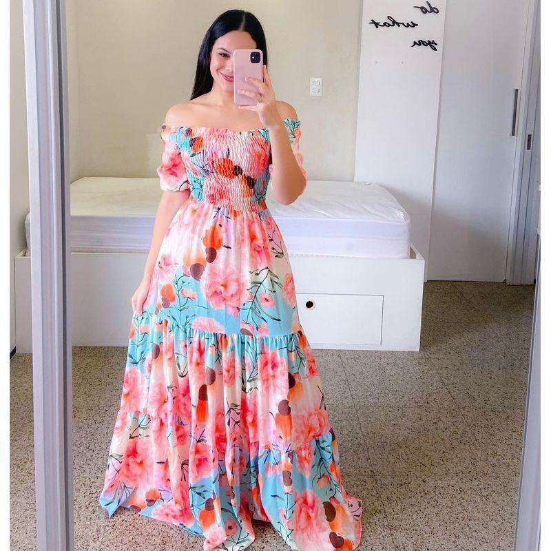 2025 Cross-Border New off-Shoulder Floral off-Shoulder Long Print Dress Women's Fashion Gradient Color Long Skirt