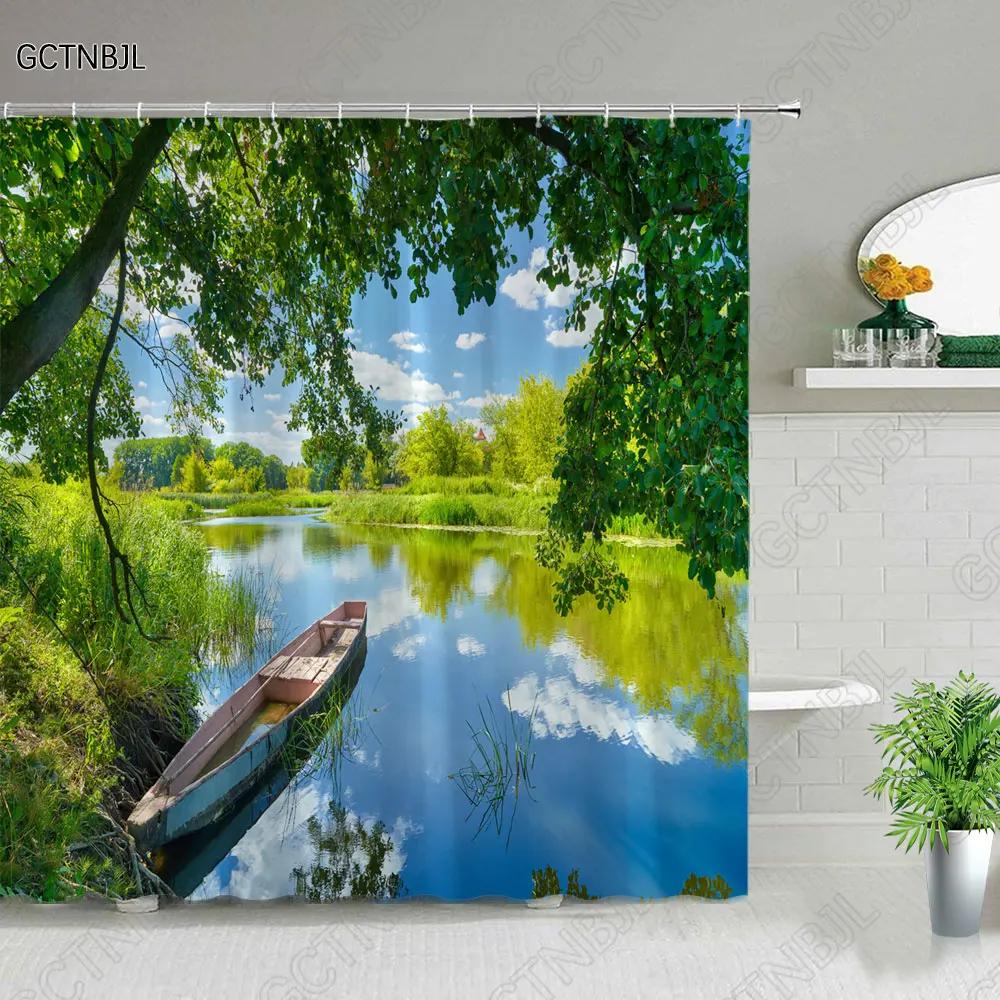Modern 3D Printing Green Plant Tree Scenery Shower Curtains Forest Bamboo Landscape Bath Curtain Set For Bathroom Decor Cloth