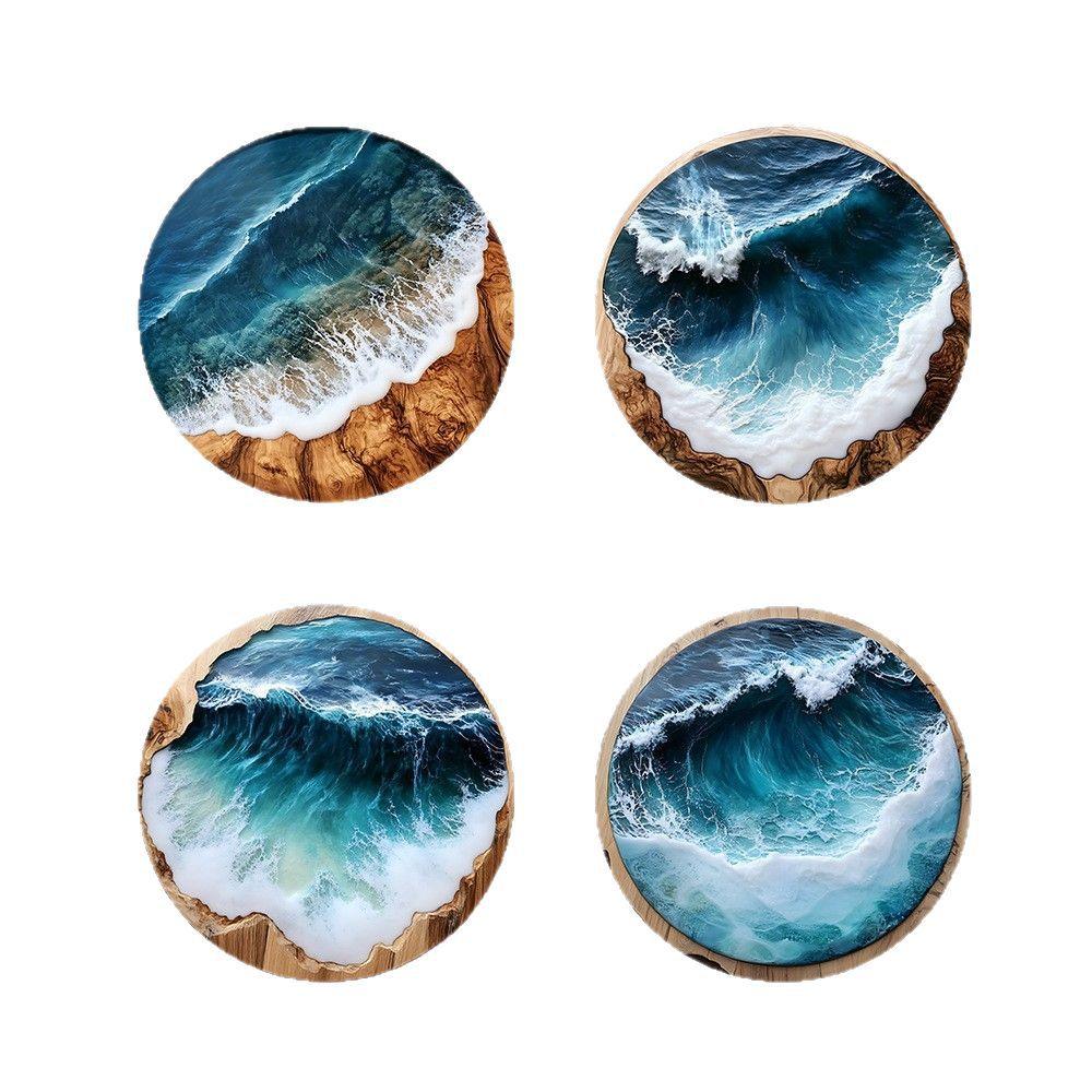 4Pcs New Blue Ocean Round Wooden Coaster for Home, Cafe, Party, Table Decoration, Coaster, Placemat Supplies
