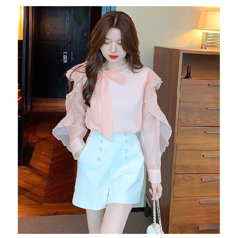Women's Chiffon Blouse 2026 Spring and Autumn New Fashionable Tie-Neck Ruffle Trim Thin Gentle Style Shirt