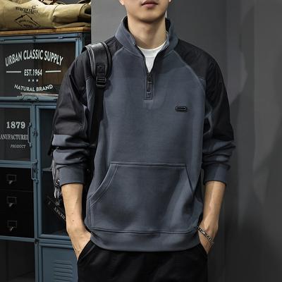 Autumn And Winter Splicing Contrasting Colors Fleece Sweater Men'S Zipper Semi-Turtleneck Retro Heavy Kangaroo Bag Pullover Jacket Tide