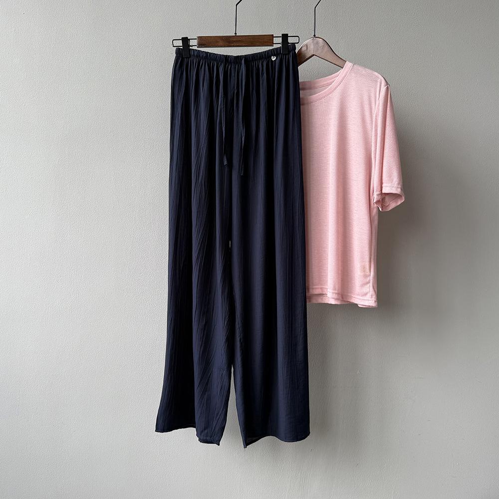 

Johnature Simple Pleated Casual Wide Leg Pants Women Summer Thin Straight Loose Elastic Waist Comfortable Full Length Pants M Темно-синій