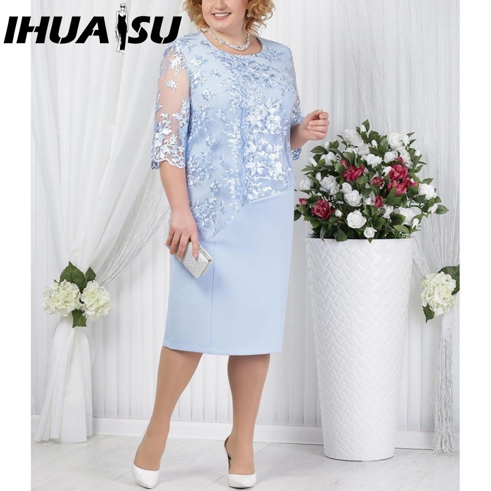 

IHUASU S-5XL Платье для вечеринки длиной до колена с кружевным верхом и аппликацией по подолу M синий