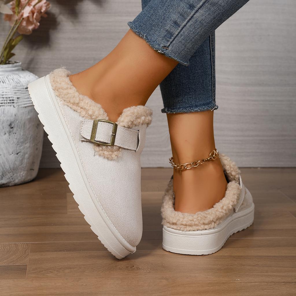Fashion Women Brown Suede Closed Toe Mule Slippers Lined Buckle Strap Platform Winter Warm Comfortable Casual Slip on Shoes for women