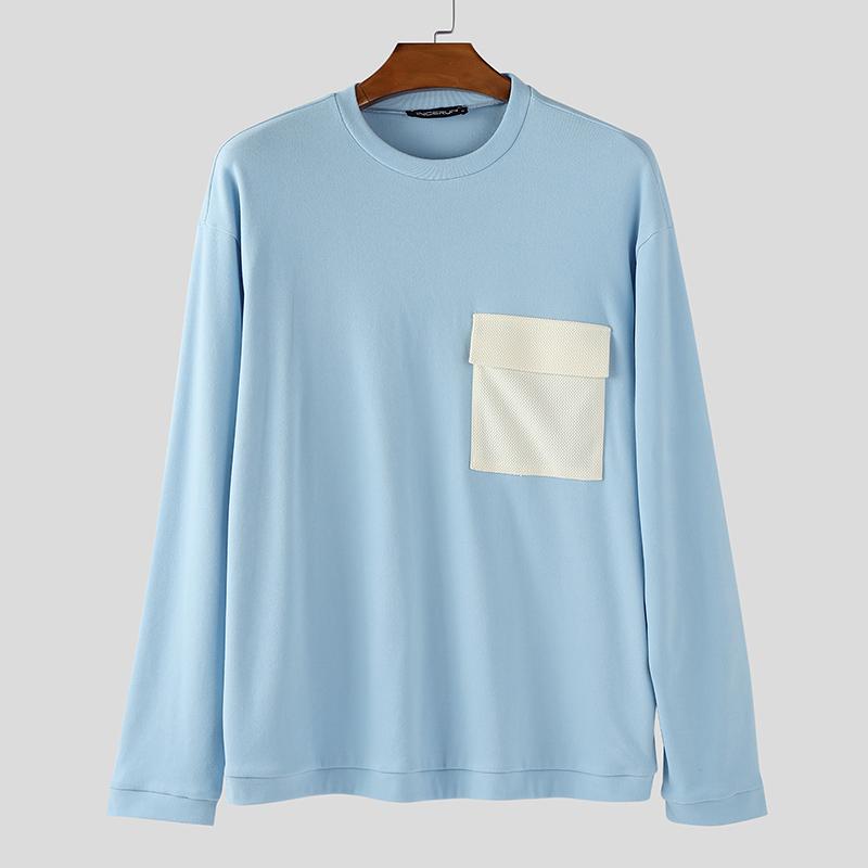 

INCERUN Mens Round Neck Long Sleeve Stitching Casual T-shirts Tops 5XL синий