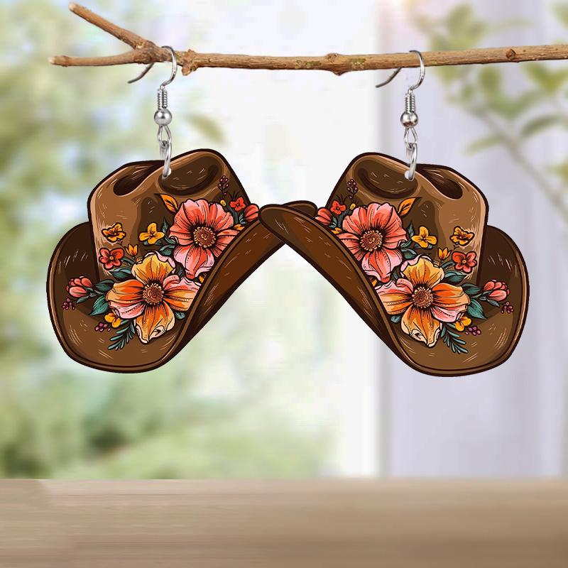 Western Style Colorful Flowers Cowboy Hat Acrylic Earrings Elegant Personality Earrings Jewelry for Women Daily Wear Holiday Gifts
