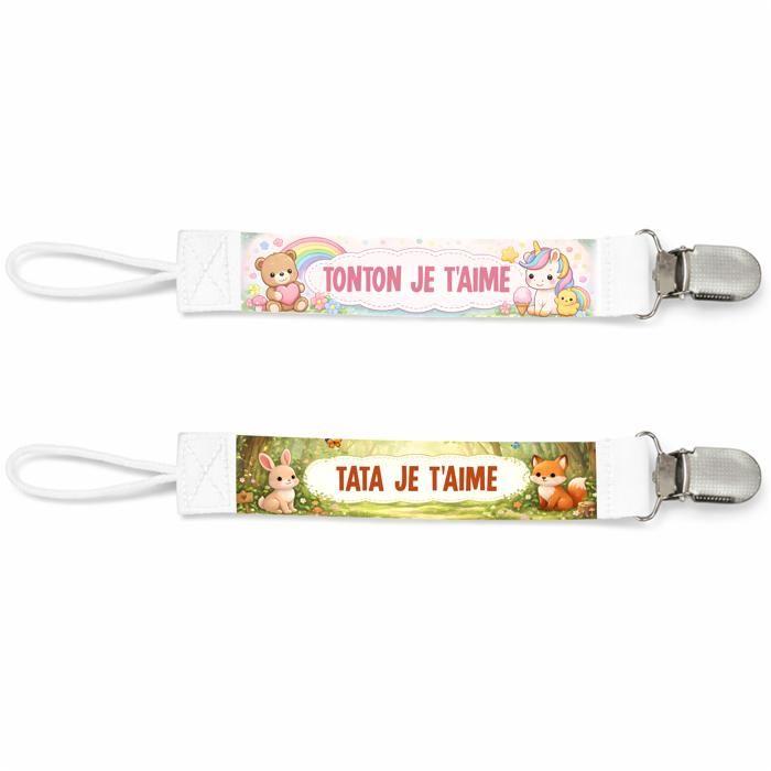 Planetee Lot de 2 Attaches Tétine pour Je Je t'aime Tonton Tata - Attache Sucette Bébé Fille Cadeau Naissance