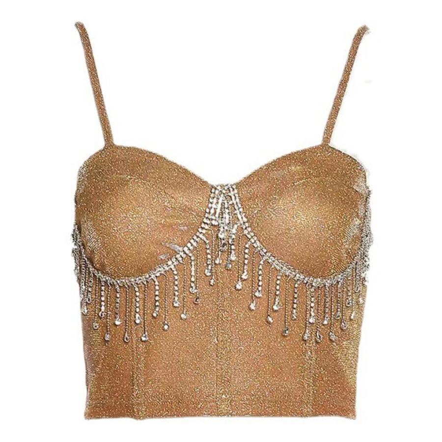 Wind Season New Women's Clothing Strapless One-Line Scoop Neck Rhinestone Fringe Sexy Crop Top Slim Fit Backless Tank Top for Women