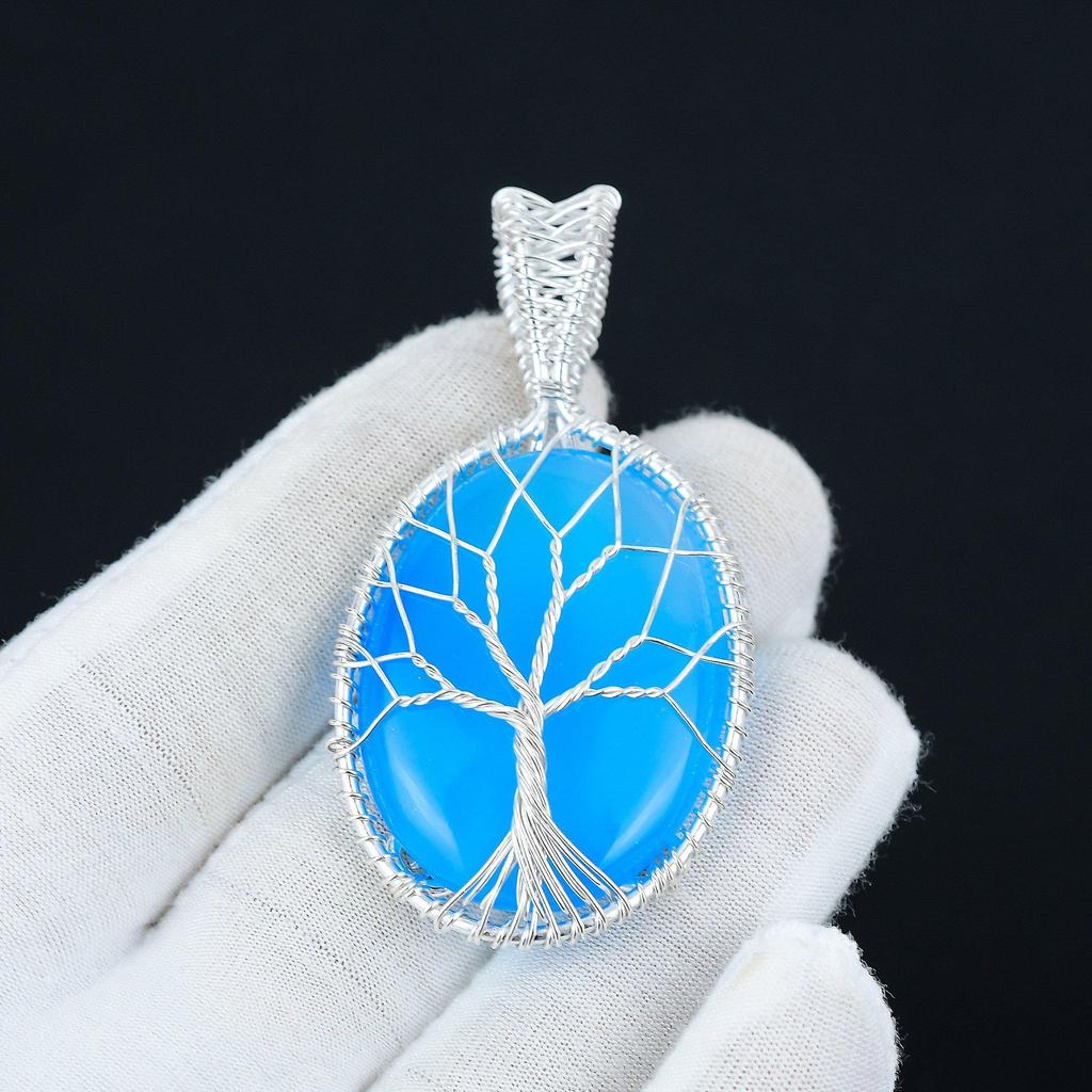 Pendentif Angélite Bleue Pierre Gemme Naturelle Fait Main Pendentif en Argent Sterling 925, Bijou Enveloppé de Fil, Pendentif Enveloppé de Fil Bijou Arbre de Vie